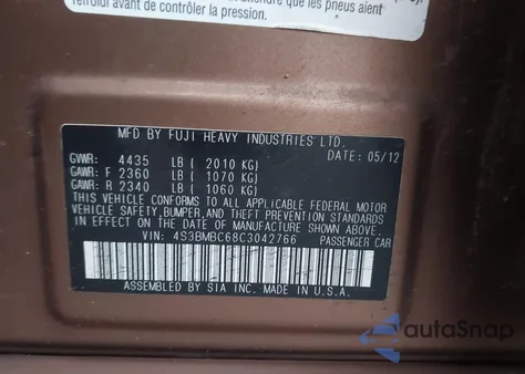 2012 Subaru Legacy 2.5I Premium из США, поврежденный, VIN 4S3BMBC68C3042766